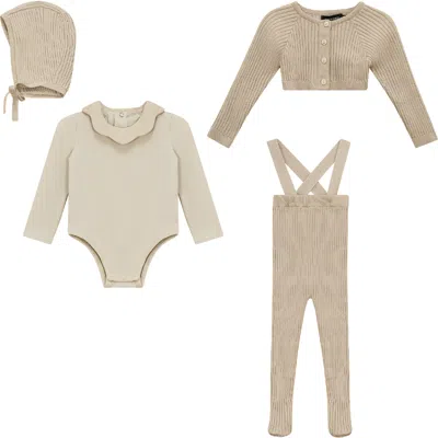 Space Grey Babies'  Ruffle Collar Knitted 4 Piece Cardigan, Overall Romper And Bonnet Set In Nude