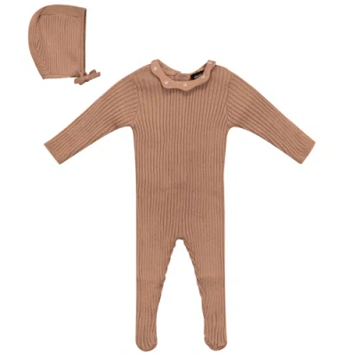Space Grey Kids'  Ruffle Collar Knitted Long Sleeve Romper And Bonnet In Brown