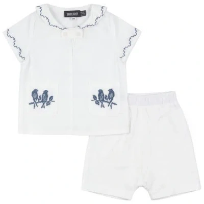 Space Grey Babies'  Sailor Embroidered Short Seeve Top And Shorts Set In White