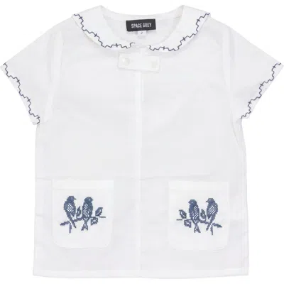 Space Grey Kids'  Sailor Embroidered Short Sleeve Shirt In White