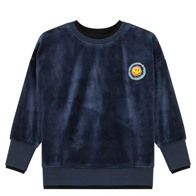 Space Grey Kids'  Velour Sweatshirt With Smiley And Heart Applique In Blue