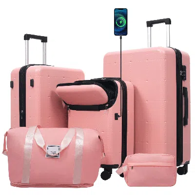 Spacium Hardside Luggage Set 5 Piece With Bags,20in Half-opening Carry On Luggage With Usb Port, Expandable  In Pink