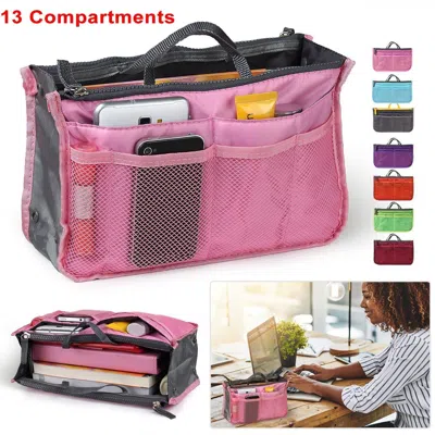 Spacium Women Lady Travel Insert Handbag Organiser Makeup Bags Toiletry Purse Liner W/hand Strap In Pink