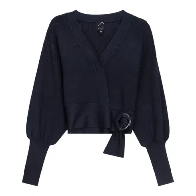 Spades Sweater Knit Wrap Buckle Belt Cropped Cardigan In Blue