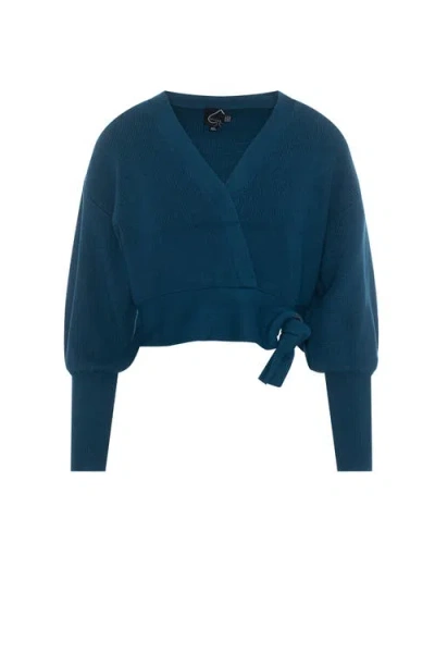 Spades Sweater Knit Wrap Buckle Belt Cropped Cardigan In Blue