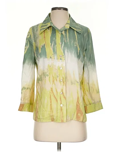 Pre-owned Spanner 3/4 Sleeve Silk Top Green Tie-dye Pattern Collared Neckline Tops