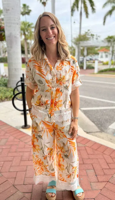 Spanner Linen Print Blouse In Orange In Multi