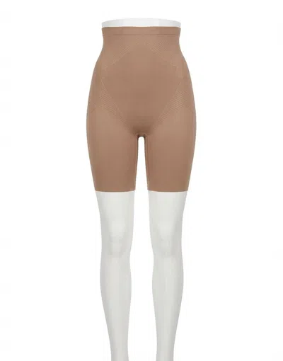 Spanx High-waisted Mid-thigh Shorts In Cafe Au Lait In Brown