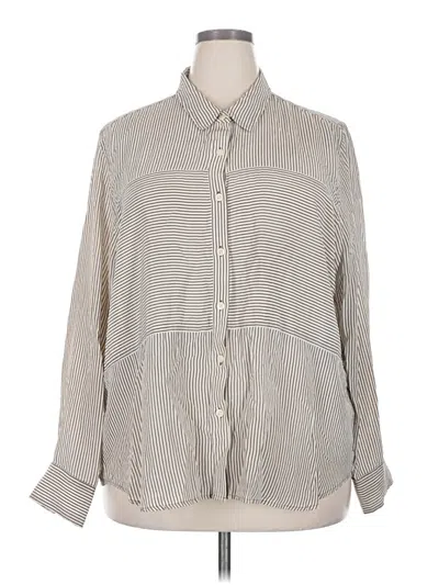 Pre-owned Spanx Long Sleeve Silk Top Ivory Stripes Pattern Collared Neckline Tops