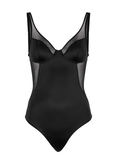 Spanx Shaping Satin Thong Bodysuit In Black