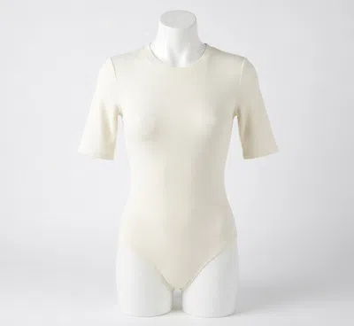 Spanx Suit Yourself Ribbed Crew Neck Short Sleeve Bodysuit In Parchment In Neutral