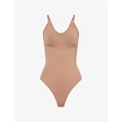 Spanx Womens Cafe Au Lait Sculpt™ Seamless Power Stretch-woven Thong Bodysuit Xl In Brown