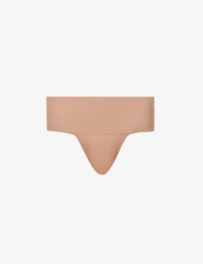 Spanx Womens Cafe Au Lait Undie-tectable Mid-rise Stretch-woven Thong In Nude (lingerie)