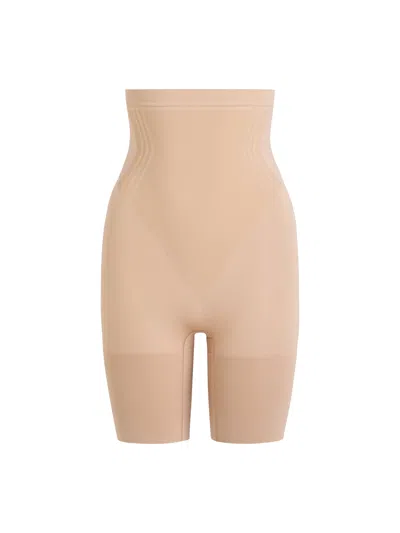 Spanx Womens Gofigure Sculpting High Waist Mid-thigh Shorts Nude In Brown
