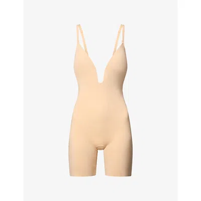 Spanx Womens Shape™ Plunge-neck Mid-thigh Bodysuit Honey Xl