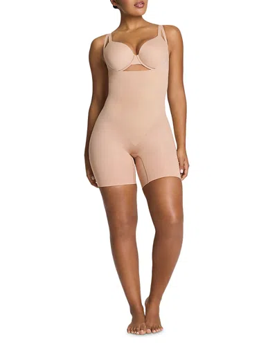 Spanx Sculpt Go Figure Open Bust Mid Thigh Bodysuit In Pink