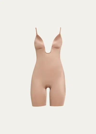 Spanx Suit Your Fancy Plunge Low-back Mid-thigh Bodysuit In Cafe Au Lait