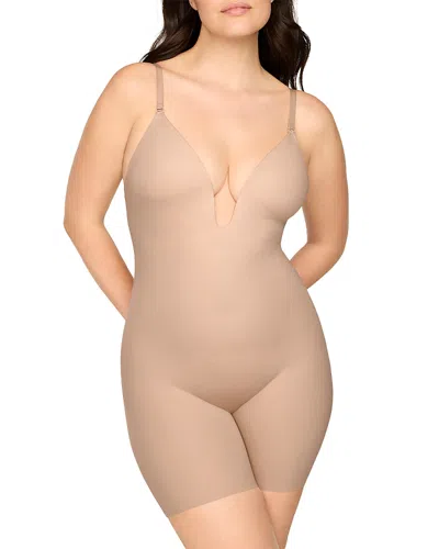 Spanx Shape Suit Your Fancy Plunge Low Back Mid Thigh Bodysuit In Red