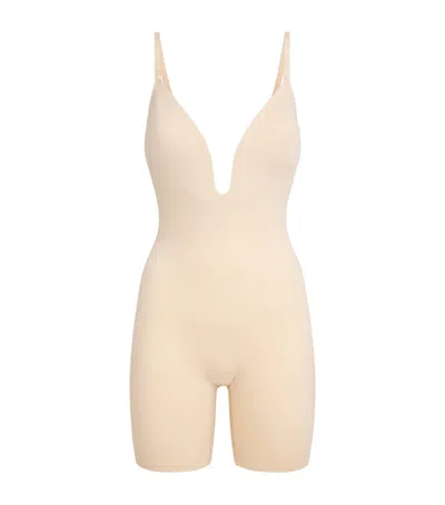 Spanx Shape Suit Your Fancy Plunge Mid-thigh Bodysuit - Medium Control In Neutral