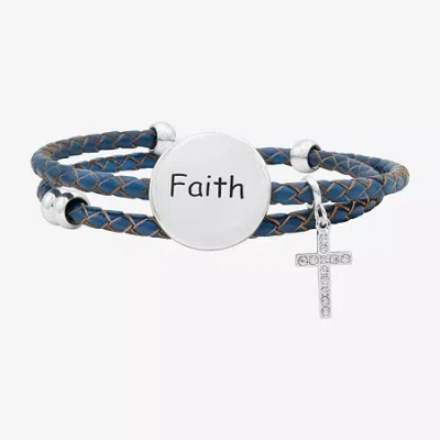 Sparkle Allure Blue Leather Coil Faith Womens Cubic Zirconia Pure Silver Over Brass Wrap Bracelet