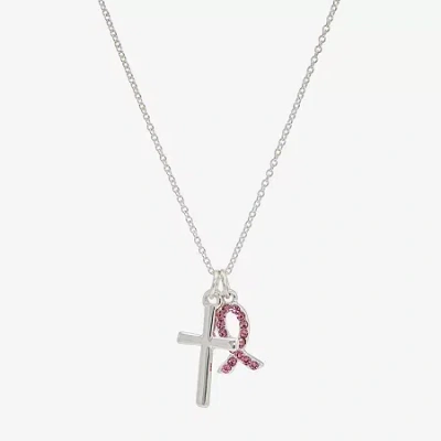 Sparkle Allure Breast Cancer Awareness Womens Pink Cubic Zirconia Pure Silver Over Brass Cross 16 Inch Pendant Neck