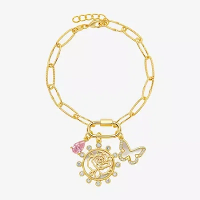 Sparkle Allure Carabiner Womens Purple Cubic Zirconia 14k Gold Over Brass Butterfly Flower Charm Bracelet In Transparent