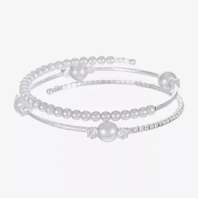 Sparkle Allure Coil Womens Cubic Zirconia Simulated Pearl Pure Silver Over Brass Round Tennis Bracelet In Metallic