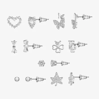 Sparkle Allure Days Of The Week Womens Cubic Zirconia 14k Gold Over Brass Bow Clover Heart 7 Pair Earring Set In Transparent