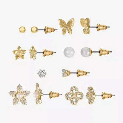 Sparkle Allure Days Of The Week Womens Cubic Zirconia 14k Gold Over Brass Butterfly Flower 7 Pair Earring Set In Transparent