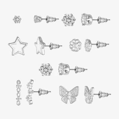 Sparkle Allure Days Of The Week Womens Cubic Zirconia 14k Gold Over Brass Butterfly Flower Star 7 Pair Earring Set In Transparent