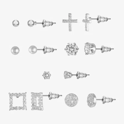 Sparkle Allure Days Of The Week Womens Cubic Zirconia 14k Gold Over Brass Cross Square 7 Pair Earring Set In Transparent