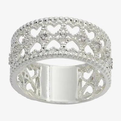 Sparkle Allure Double Row Textured Womens 8.5mm Crystal Pure Silver Over Brass Heart Band In Metallic