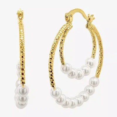 Sparkle Allure Double Row Womens White Simulated Pearl 14k Gold Over Brass 35mm Hypoallergenic Hoop Earrings In Transparent