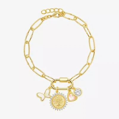 Sparkle Allure Family Carabiner Womens White Cubic Zirconia 14k Gold Over Brass Butterfly Charm Bracelet In Transparent