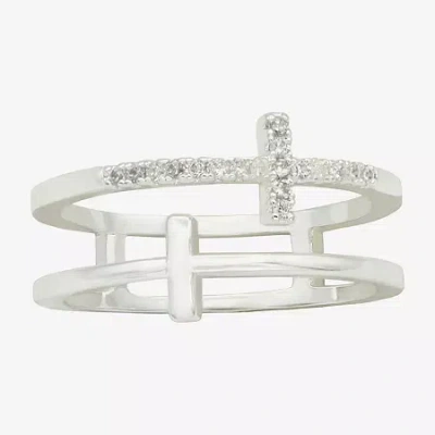 Sparkle Allure Faux Stack Womens 6mm Cubic Zirconia Pure Silver Over Brass Cross Band