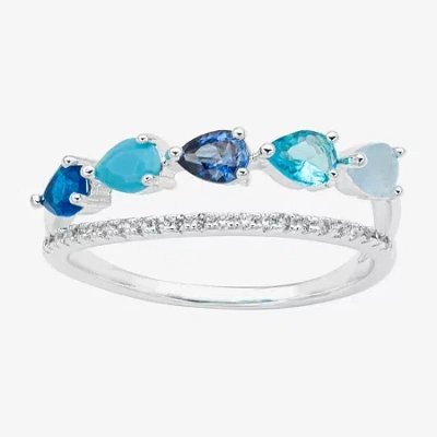 Sparkle Allure Faux Stacked Womens 2mm Blue Crystal Pure Silver Over Brass Pear 5-stone Band