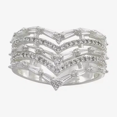 Sparkle Allure Faux Stacked Womens Cubic Zirconia Pure Silver Over Brass Chevron Cocktail Ring In Transparent