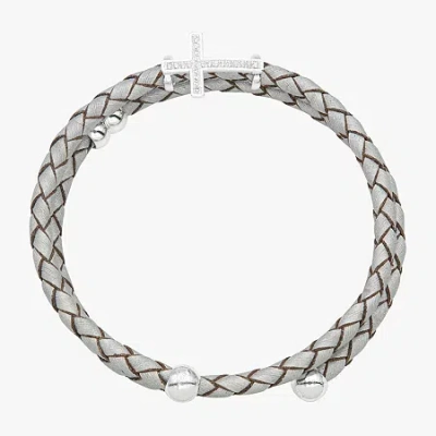 Sparkle Allure Grey Blessed Leather Womens Cubic Zirconia Pure Silver Over Brass Cross Charm Bracelet