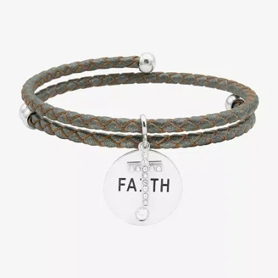 Sparkle Allure Grey Leather Coil Faith Womens Cubic Zirconia Pure Silver Over Brass Wrap Bracelet In Gray