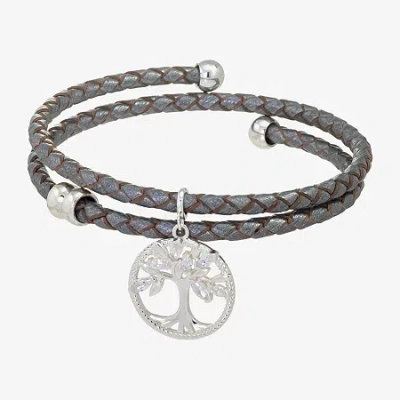 Sparkle Allure Grey Leather Coil Tree Of Life Womens Cubic Zirconia Pure Silver Over Brass Wrap Bracelet In Gray