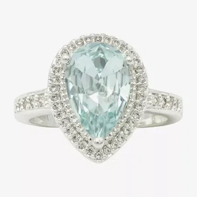 Sparkle Allure Halo Womens Blue Crystal Pure Silver Over Brass Pear Halo Cocktail Ring
