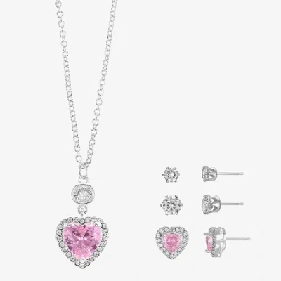 Sparkle Allure Halo Womens Pink Cubic Zirconia Pure Silver Over Brass Heart 2-pc. Jewelry Set In Multi