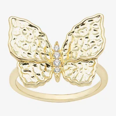Sparkle Allure Hammered Womens Champagne Cubic Zirconia 14k Gold Over Brass Butterfly Cocktail Ring In Transparent