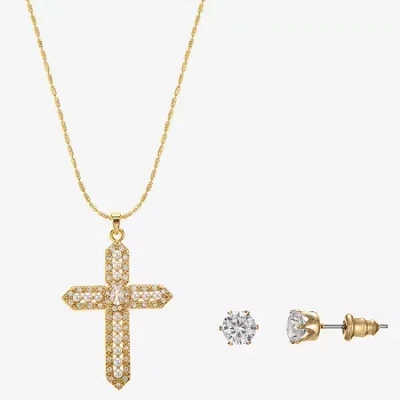 Sparkle Allure Light Up Box Womens Cubic Zirconia Simulated Pearl 14k Gold Over Brass Cross 2-pc. Jewelry Set In Transparent