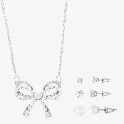 Sparkle Allure Light Up Box Womens Cubic Zirconia Simulated Pearl Pure Silver Over Brass Bow 4-pc. Jewelry Set In Transparent