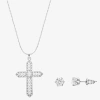 Sparkle Allure Light Up Box Womens Cubic Zirconia Simulated Pearl Pure Silver Over Brass Cross 2-pc. Jewelry Set In Silver