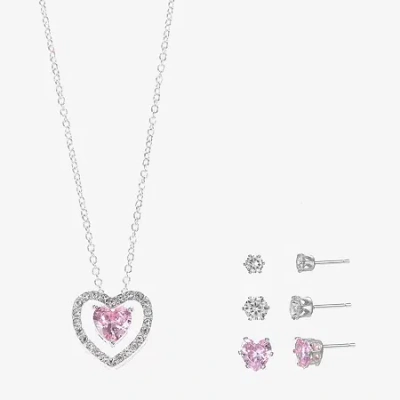 Sparkle Allure Light Up Box Womens Pink Cubic Zirconia Pure Silver Over Brass Heart 4-pc. Jewelry Set