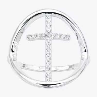 Sparkle Allure Open Womens Cubic Zirconia Pure Silver Over Brass Cross Cocktail Ring In Transparent
