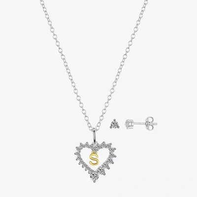 Sparkle Allure Pendant Necklace & Stud Earring Womens Cubic Zirconia Pure Silver Over Brass Heart 2-pc. Jewelry Set In Sand