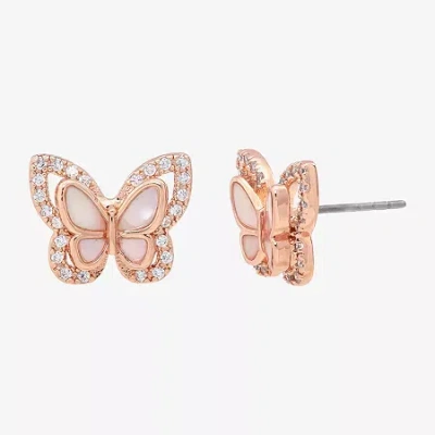 Sparkle Allure Pink Mother Of Pearl Cultured Freshwater Pearl 18k Rose Gold Over Brass 13mm Butterfly Stud Earrings In Transparent